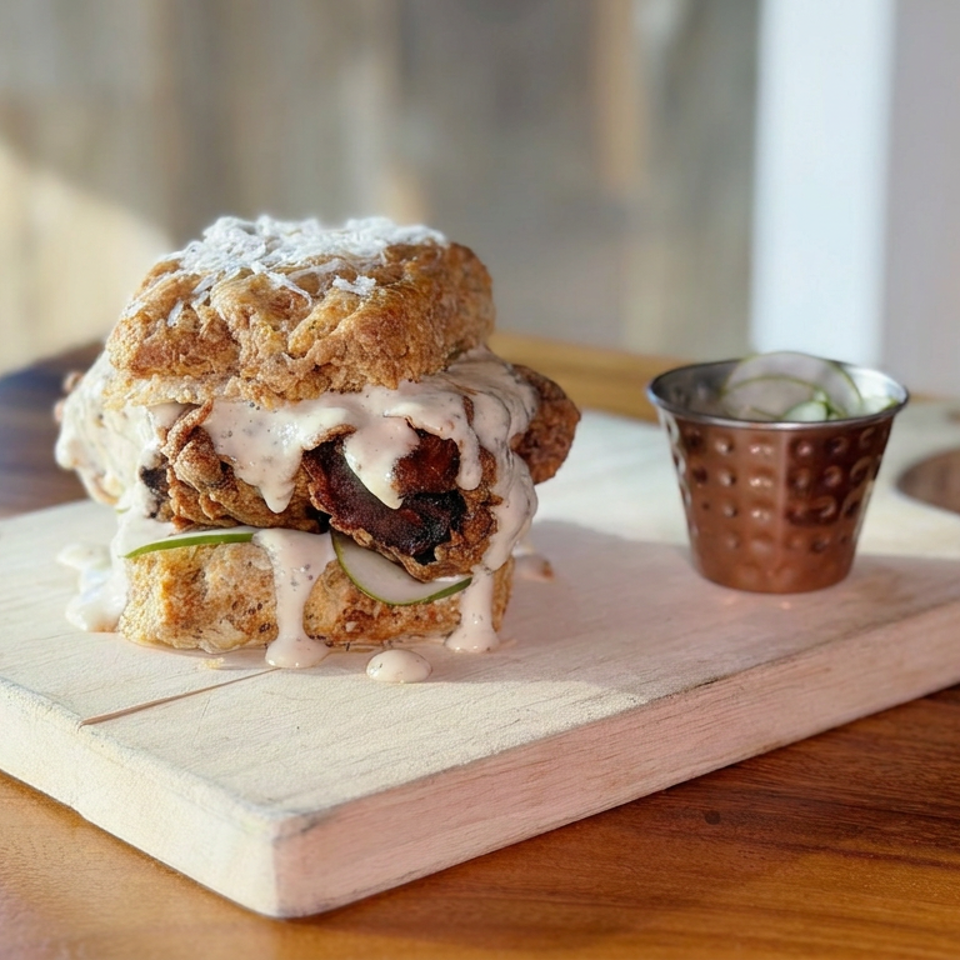 Crispy fried chicken sandwich with creamy sauce and cucumber slices on a wooden board, accompanied by dipping sauce.