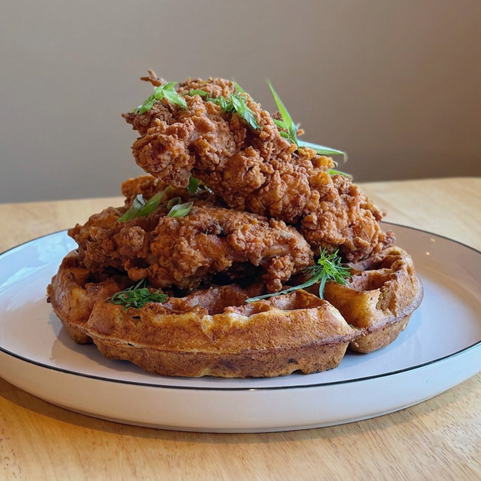Crispy fried chicken piled on a golden waffle and garnished with fresh herbs on a ceramic plate.