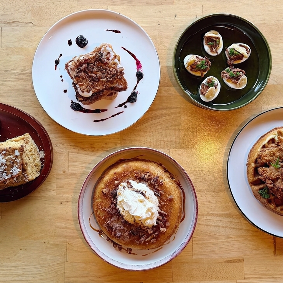 Overhead view of assorted sweet and savory brunch dishes served on plates across a wooden table.