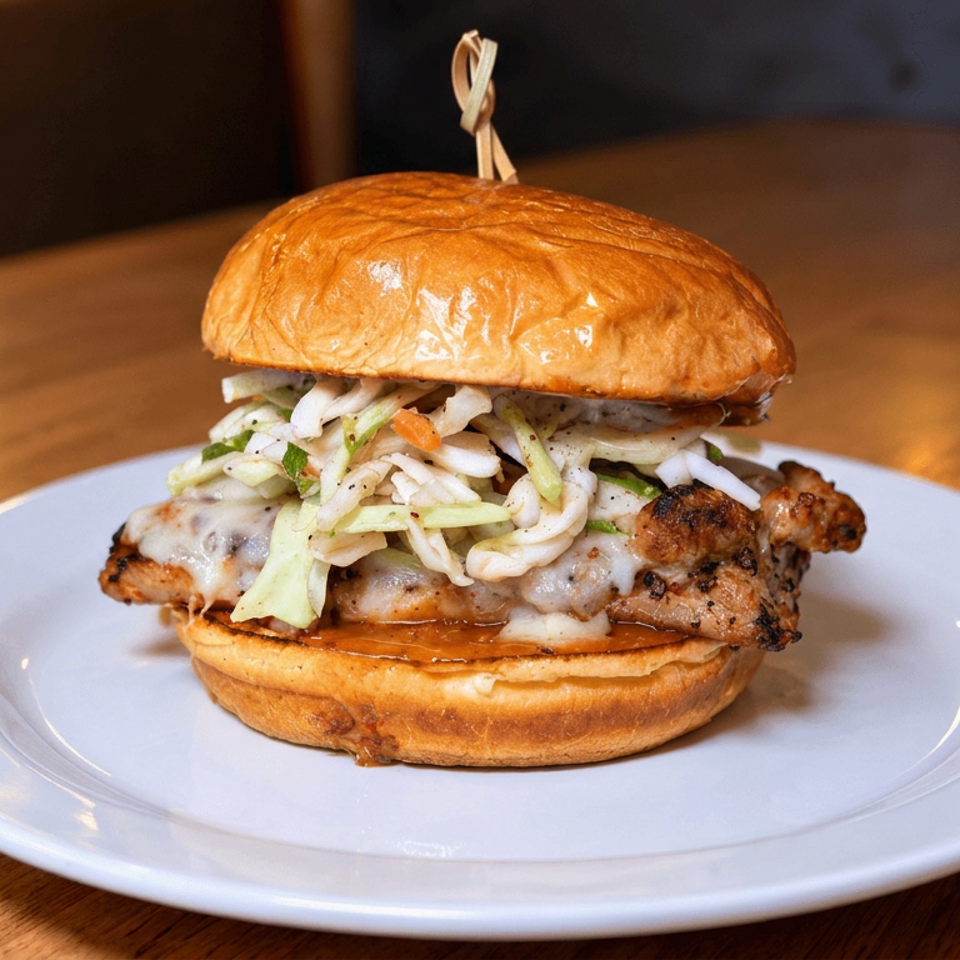 Grilled chicken burger with melted cheese and cabbage slaw on a toasted bun, served on a white plate.