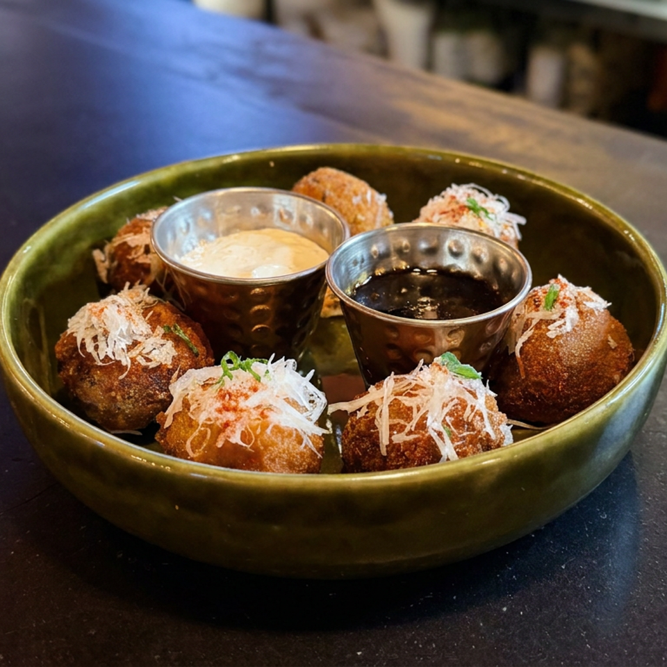 Golden fried savory bites topped with shredded garnish surround two dipping sauces in a green bowl on a restaurant table.
