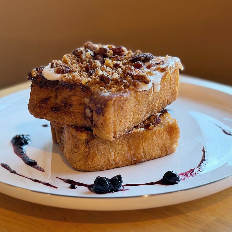 Stacked cinnamon French toast topped with icing, nuts, and crumb topping, garnished with berry sauce on a white plate.